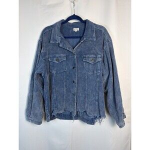 POL Sea Blue Crop Corduroy Distressed Raw Edge Jacket Frayed Size 2X Boho Grunge